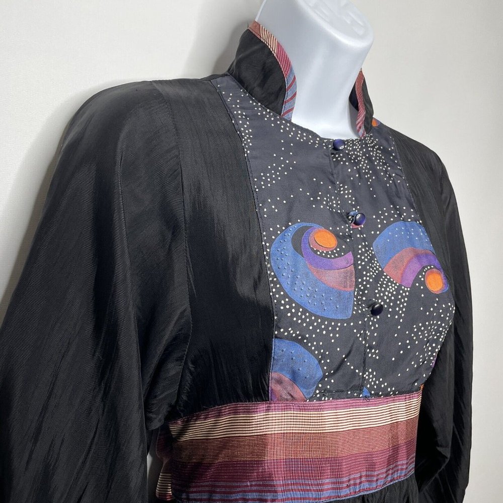 Vintage 70s Sharon's World Black Satin Balloon Sleeve Peasant Blouse Top - Picture 4 of 8